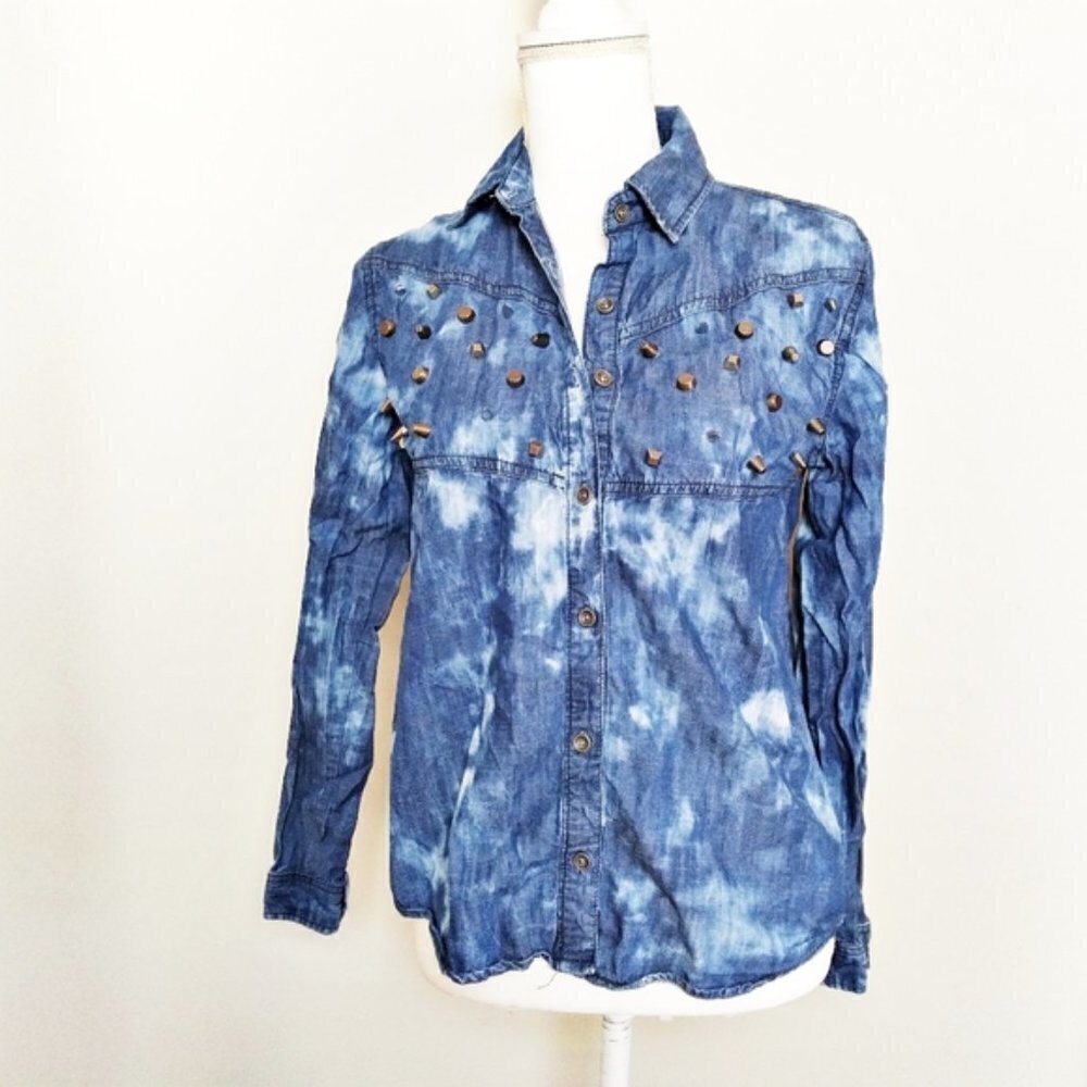 UO BDG Studded Bleached Dye Studded Chambray Button Down Top